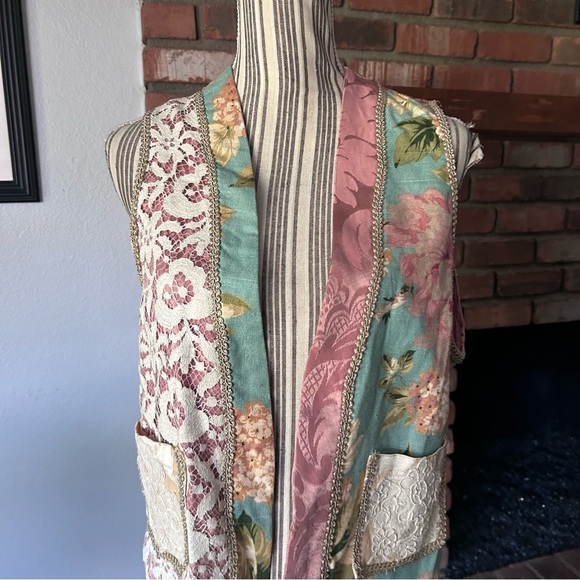 VTG Rag Retro Mixed Media Floral Print Open Vest OS - Picture 2 of 10